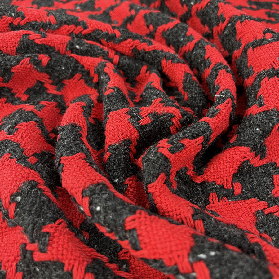 Cotton Tweed Red Grey Black Houndstooth Check Ex Designer Italian Deadstock Coating Fabric