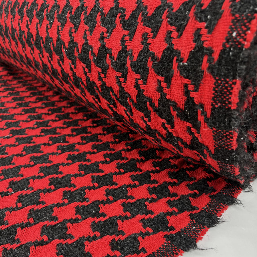 Cotton Tweed Red Grey Black Houndstooth Check Ex Designer Italian Deadstock Coating Fabric Roll