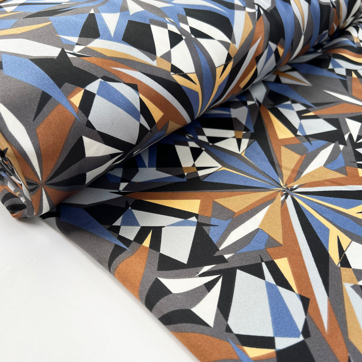 Crystal Reflections Polyester Satin Blue Brown Black Abstract Geometric Dress Fabric Bolt