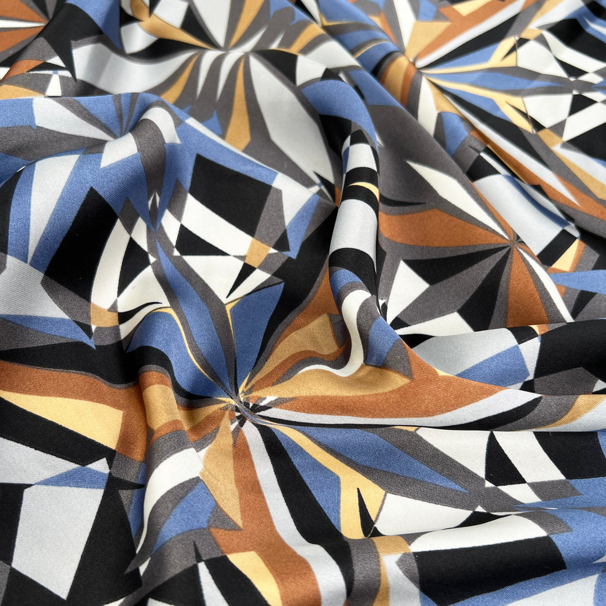 Crystal Reflections Polyester Satin Blue Brown Black Abstract Geometric Dress Fabric