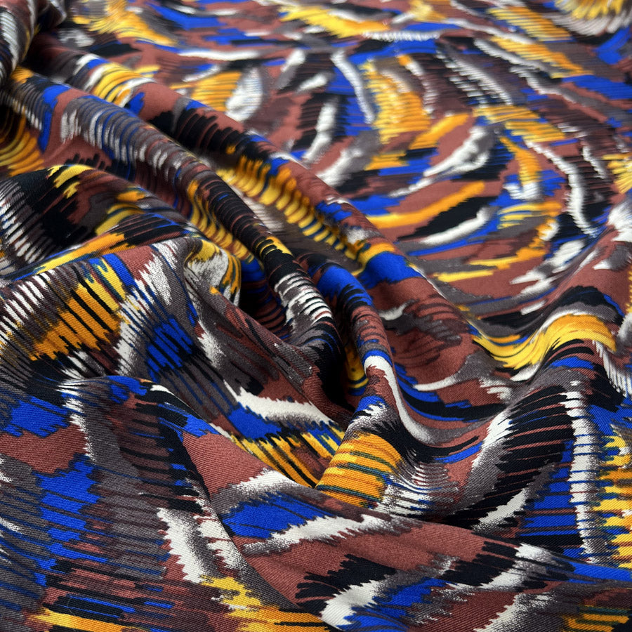 Desert Flame Viscose Spandex Blue Yellow Black Abstract Dress Fabric