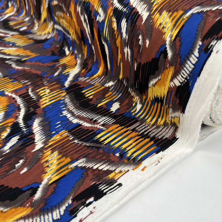 Desert Flame Viscose Spandex Blue Yellow Black Abstract Dress Fabric Roll