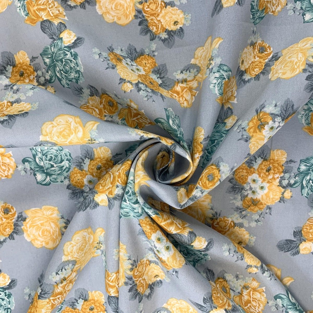 Doodle Grey Lemon Floral Dress Craft Cotton Material Swirl