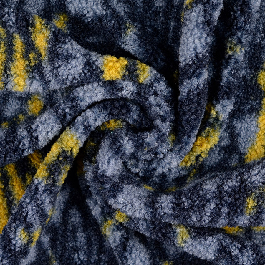Drake Blue Yellow Abstract Digitally Printed Faux Fur Polyester Coating Fabric Twist