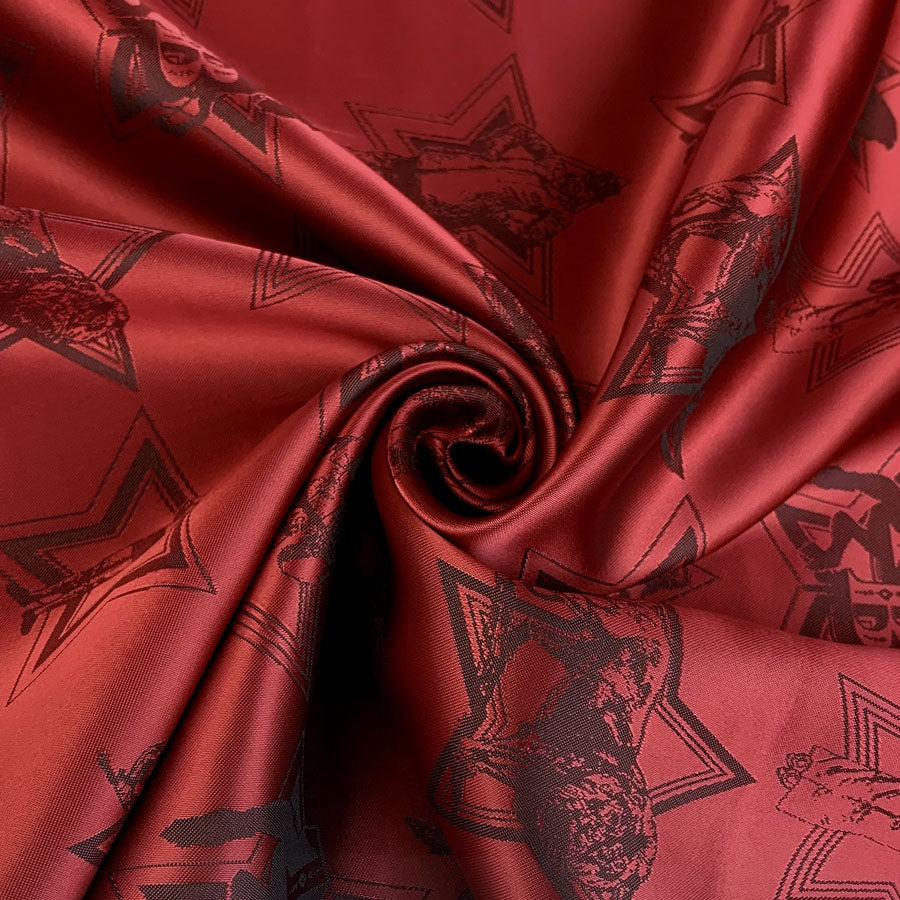 E210 Greatest Showman Red Characters Animals Woven Viscose Acetate Dress Lining Fabric Close Up Drape Scale Fabric Photo
