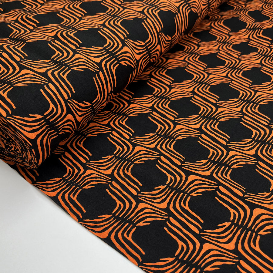 Ember Glow Black Orange Abstract Viscose Dress Fabric Bolt