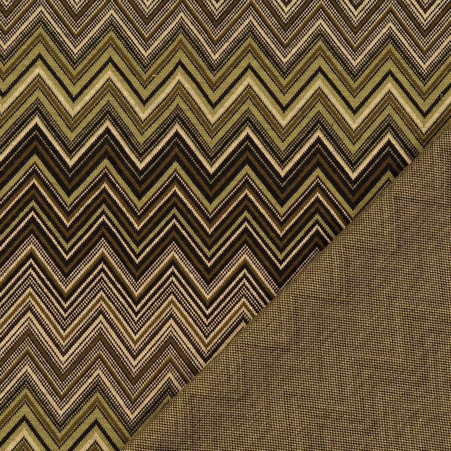 Ember Jacquard Jersey Viscose Polyester Elastane Knitted Green Brown Zig Zag Dress Fabric Fold