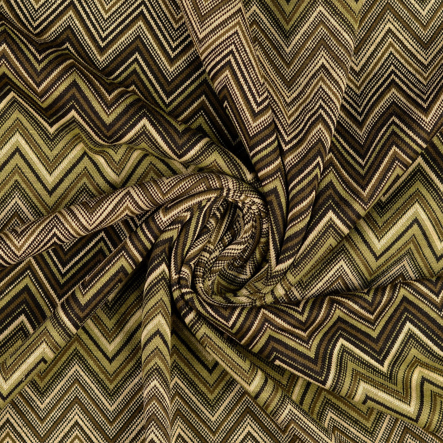 Ember Jacquard Jersey Viscose Polyester Elastane Knitted Green Brown Zig Zag Dress Fabric Twist