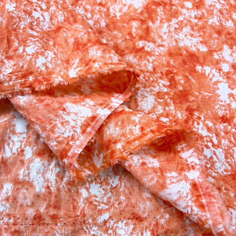 End Of The Road Flame Orange Cotton Seersucker Tie Dye Print Dress Fabric Fold