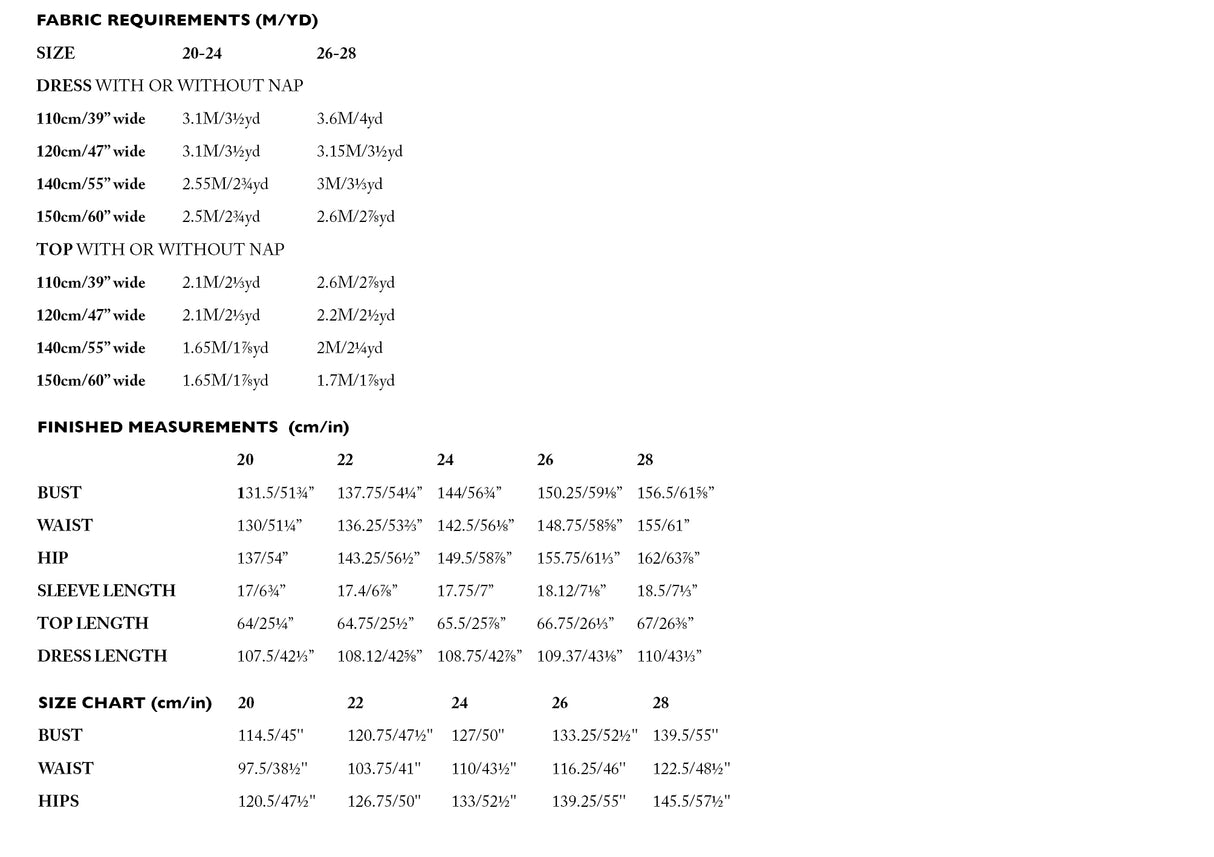 Factory size chart extended 20 28