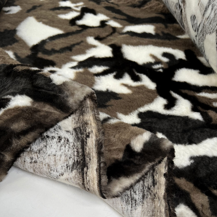 Faux Fur Camo Polyester Black Brown Cream Soft Fluffy Fabric Fold