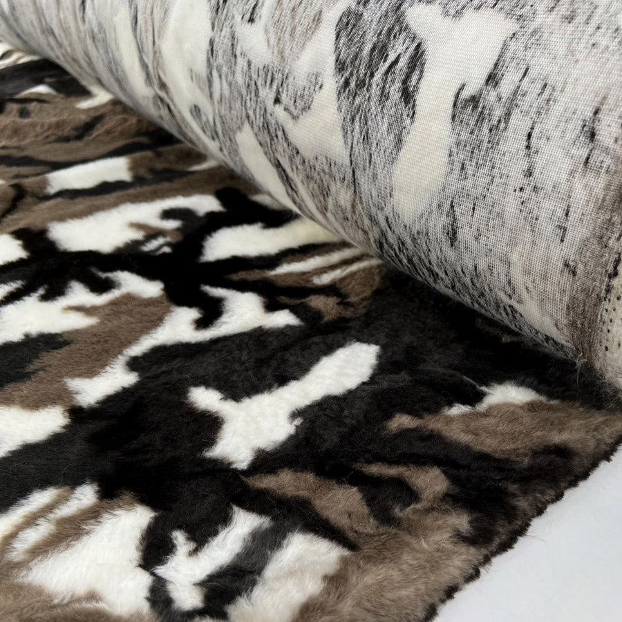 Faux Fur Camo Polyester Black Brown Cream Soft Fluffy Fabric Roll