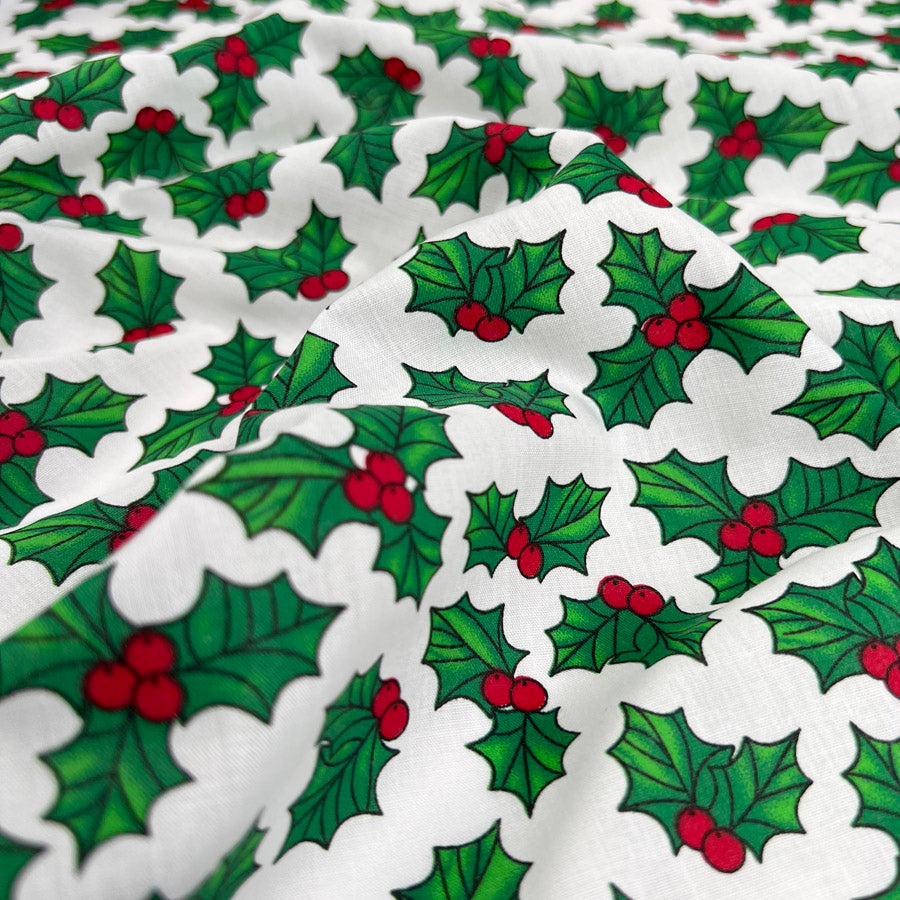 Festive Craft Fabric Christmas Polycotton Halls Of Holly White