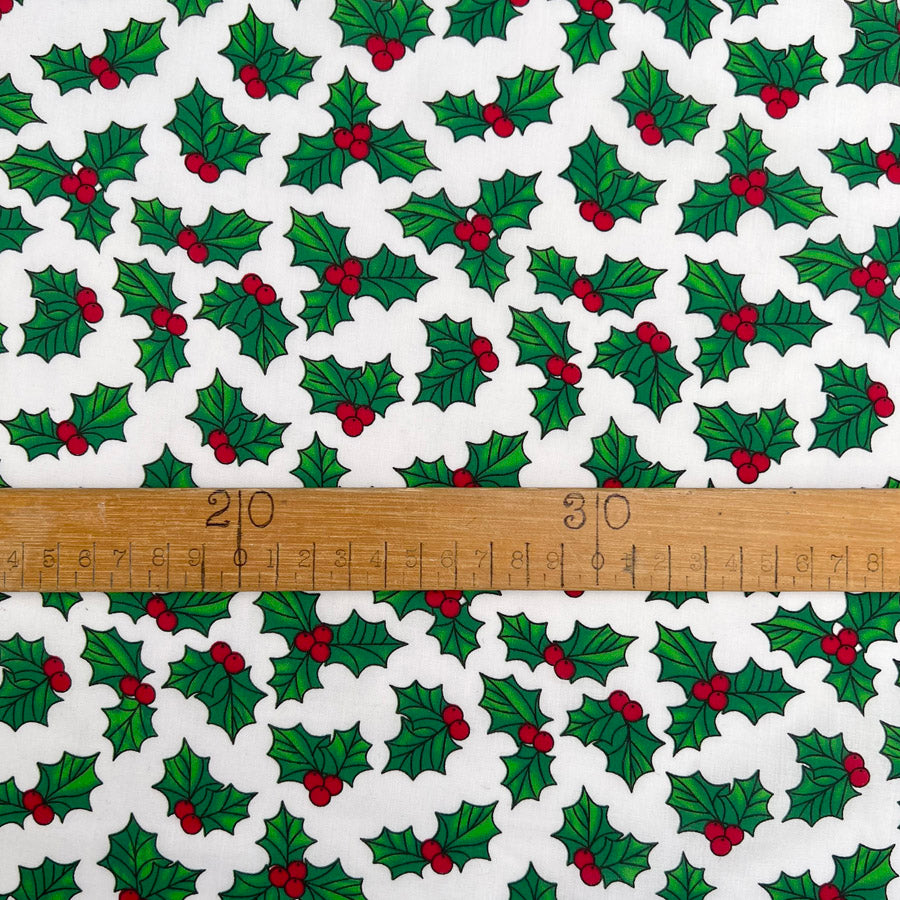 Festive Craft Fabric Christmas Polycotton Halls Of Holly White Ruler