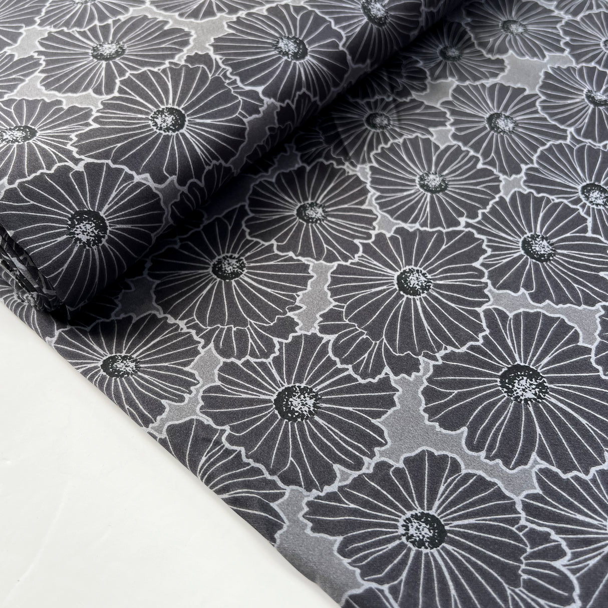 Flora Grey Polyester Satin Floral Print Silver Dress Fabric Bolt
