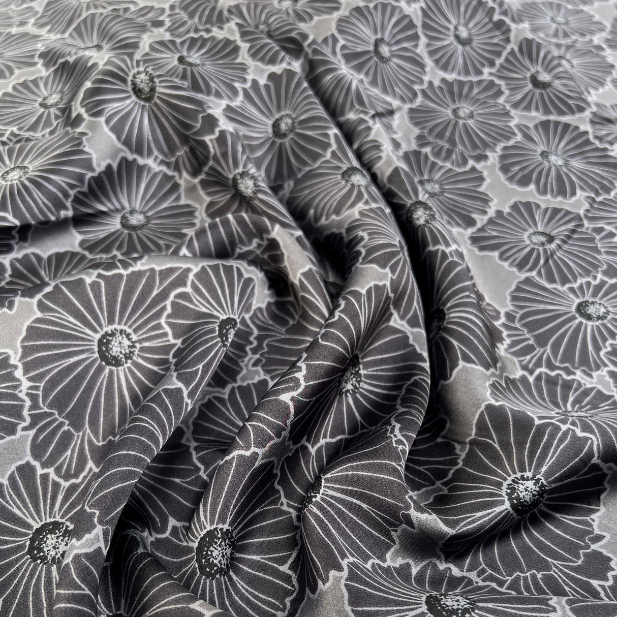 Flora Grey Polyester Satin Floral Print Silver Dress Fabric