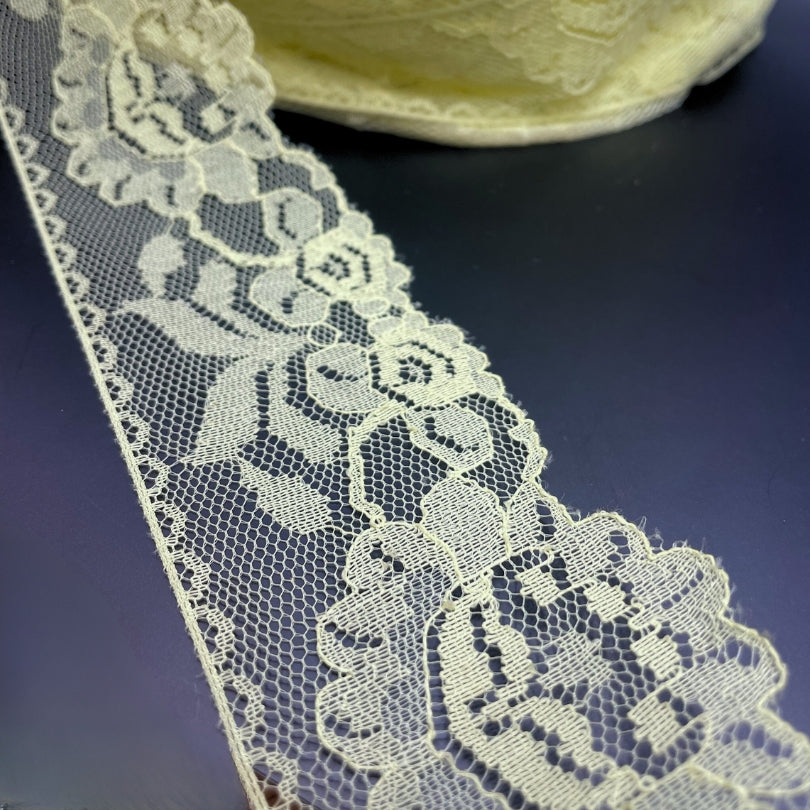 Floral Polyester Flat Lace Net Trimming Belle Yellow Roll