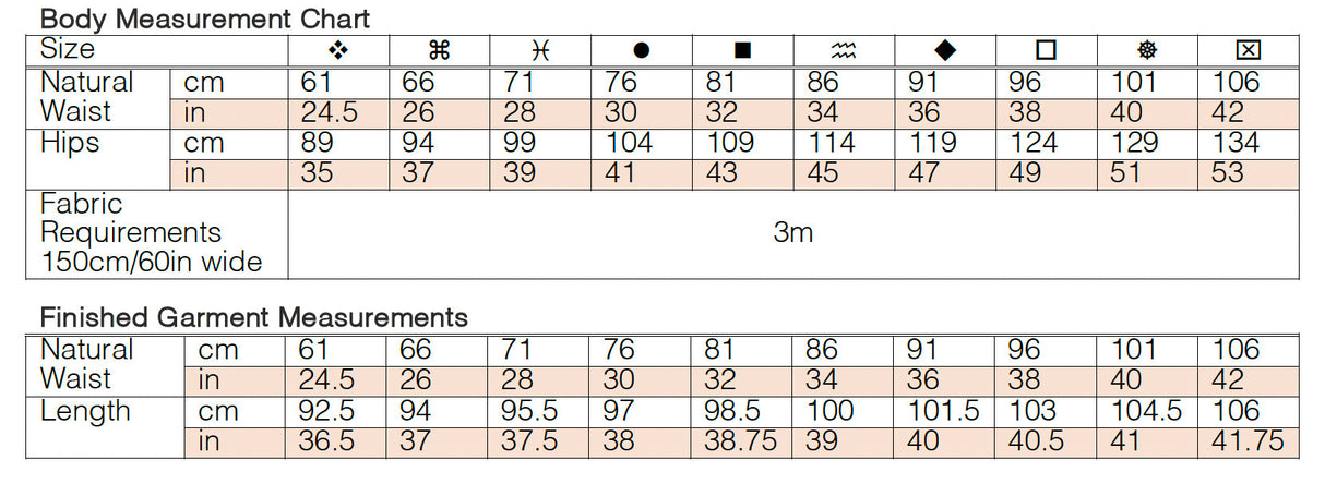 Florence Trousers Size Chart Quants