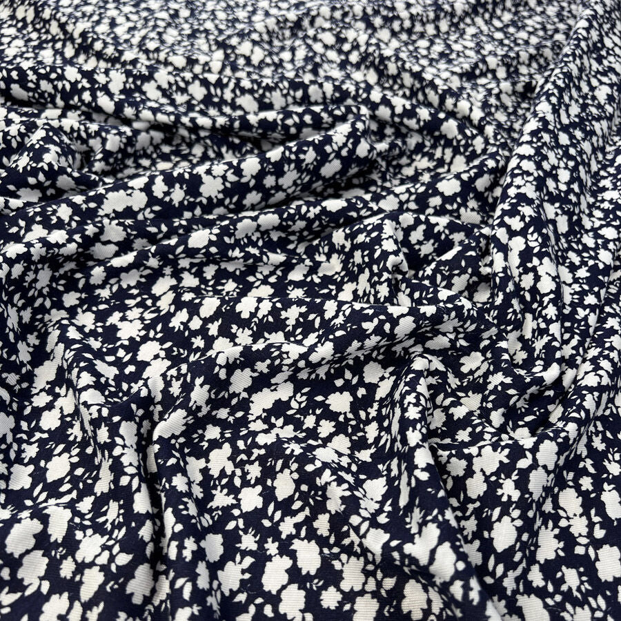 Flowerdrops Jersey Navy White Floral Viscose Lycra Stretch Knit Tshirt Fabric