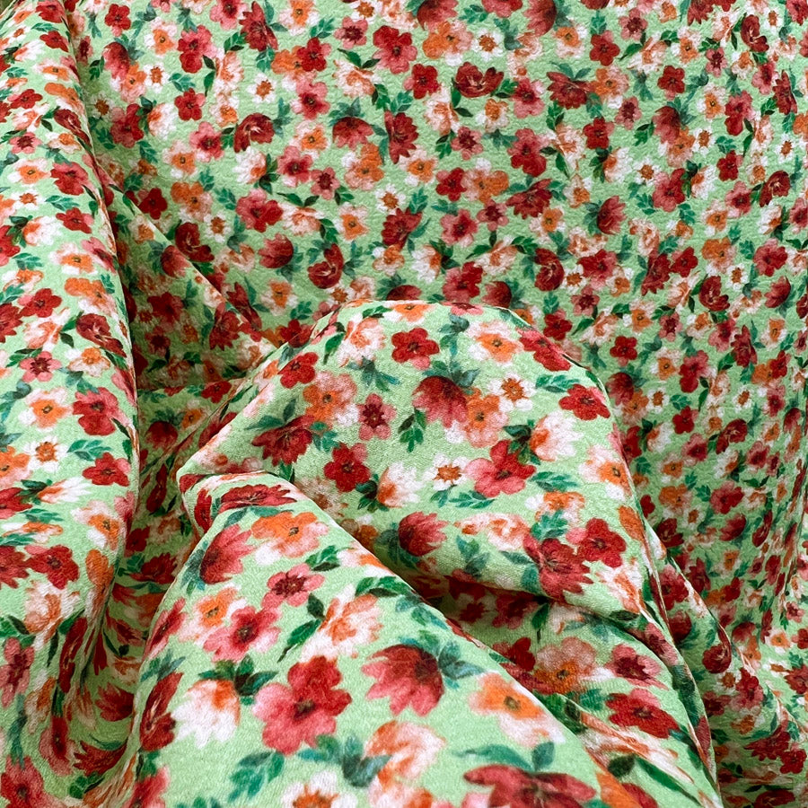 Flowerful Floral Polyester Elastane Green Red White Dress Fabric