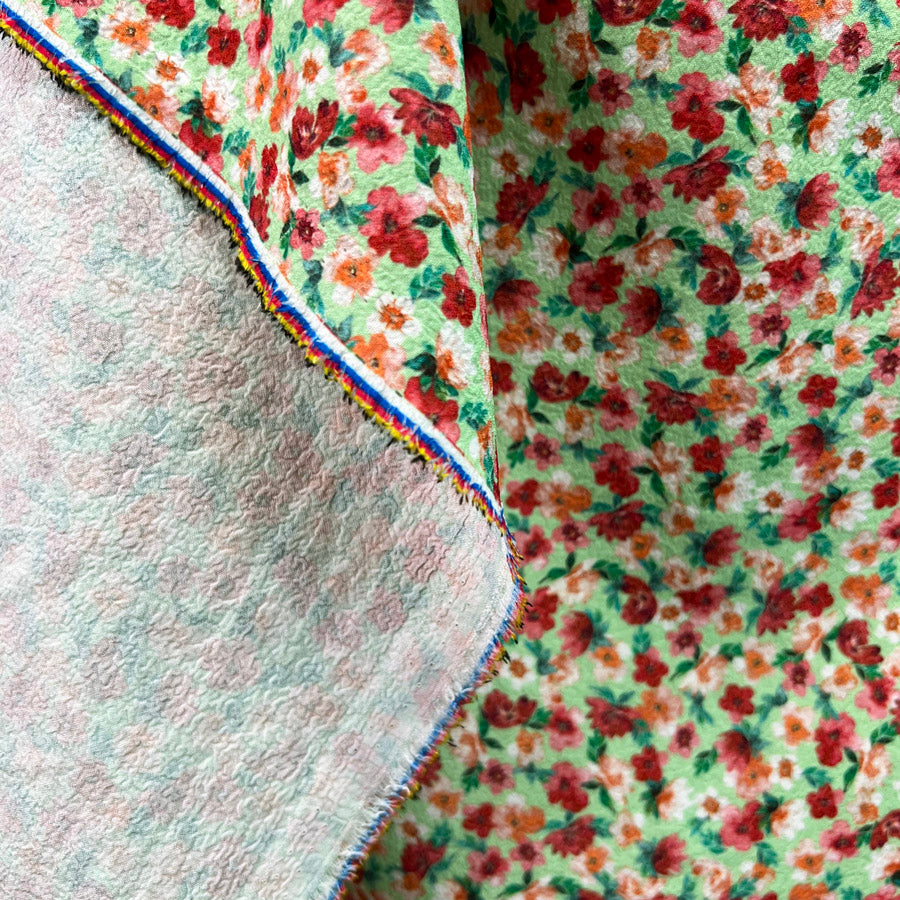 Flowerful Floral Polyester Elastane Green Red White Dress Fabric Drape
