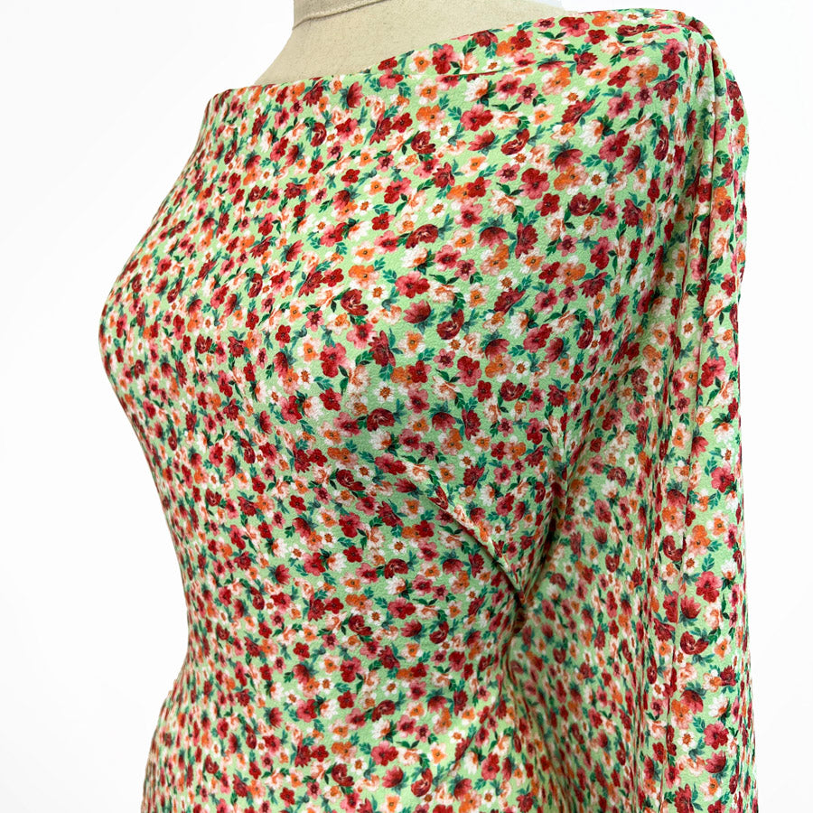 Flowerful Floral Polyester Elastane Green Red White Dress Fabric Side