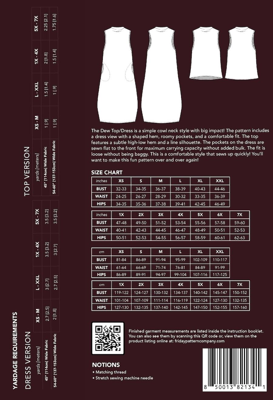 Friday pattern company dew top and dress pattern back