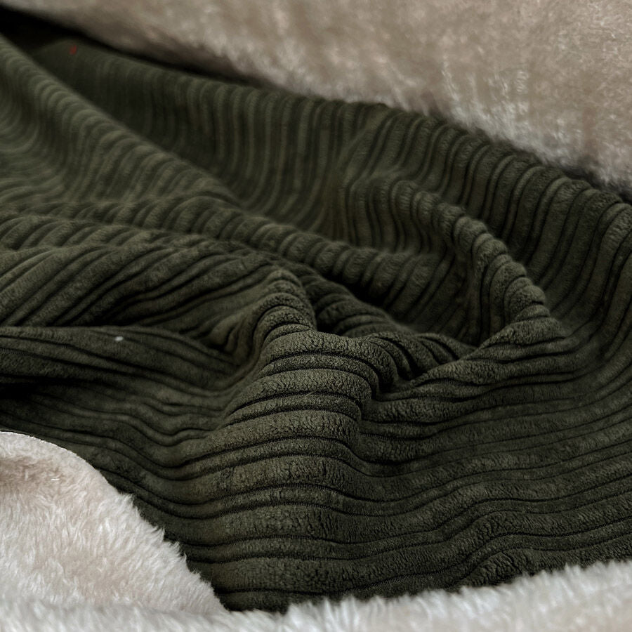 Fur Lined Corduroy Olive Green Polyester Nylon Soft Coating Fabric