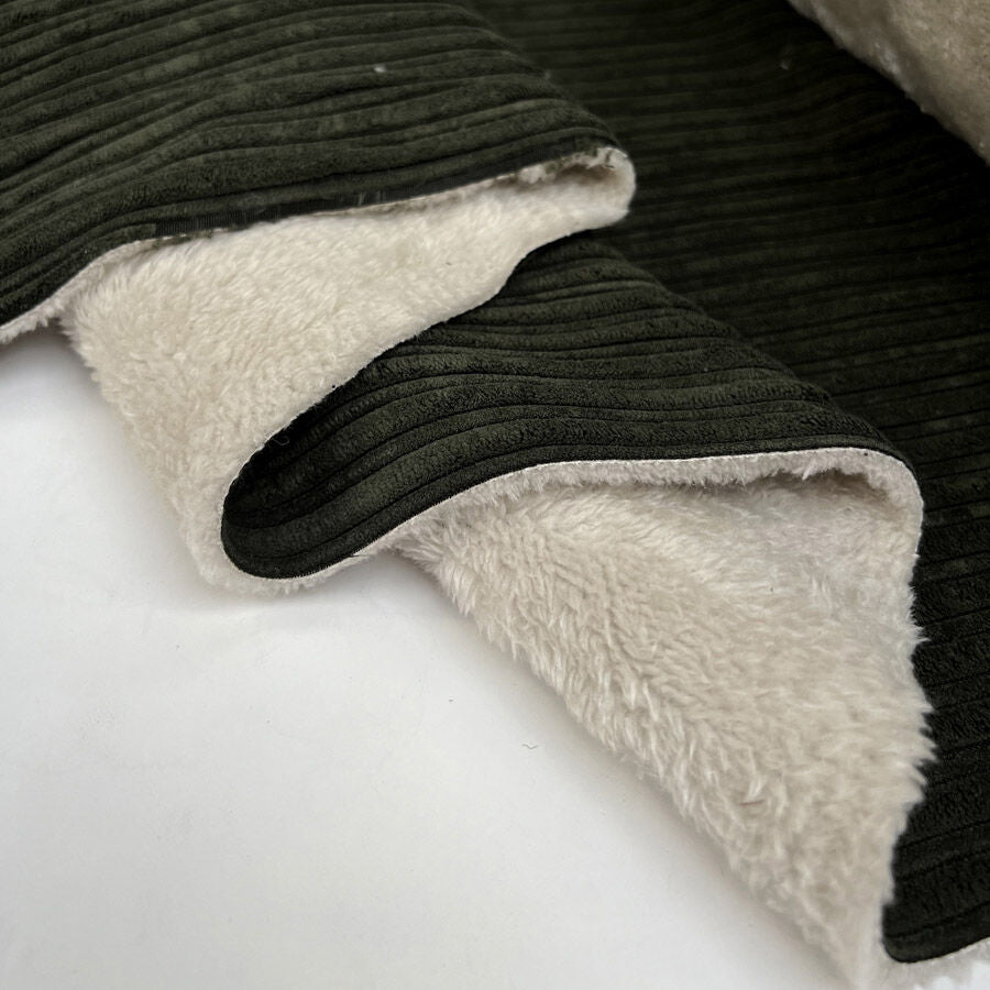 Fur Lined Corduroy Olive Green Polyester Nylon Soft Coating Fabric Fold
