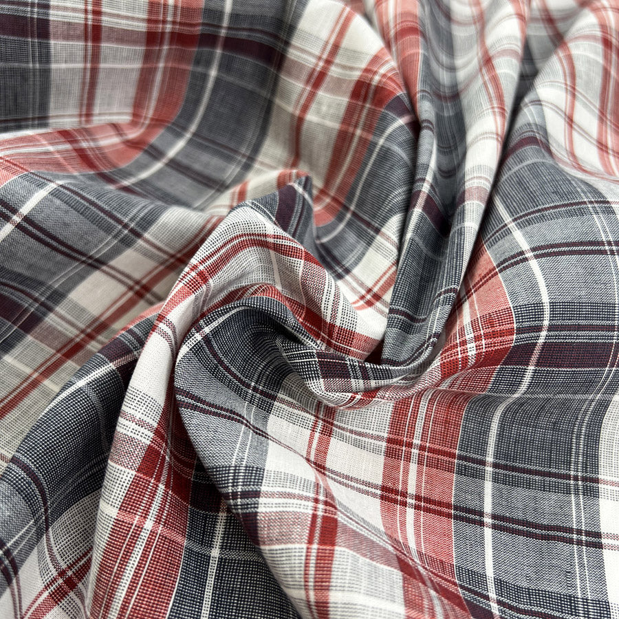 Hawes Check Navy Red White Cotton Linen Shirting Fabric