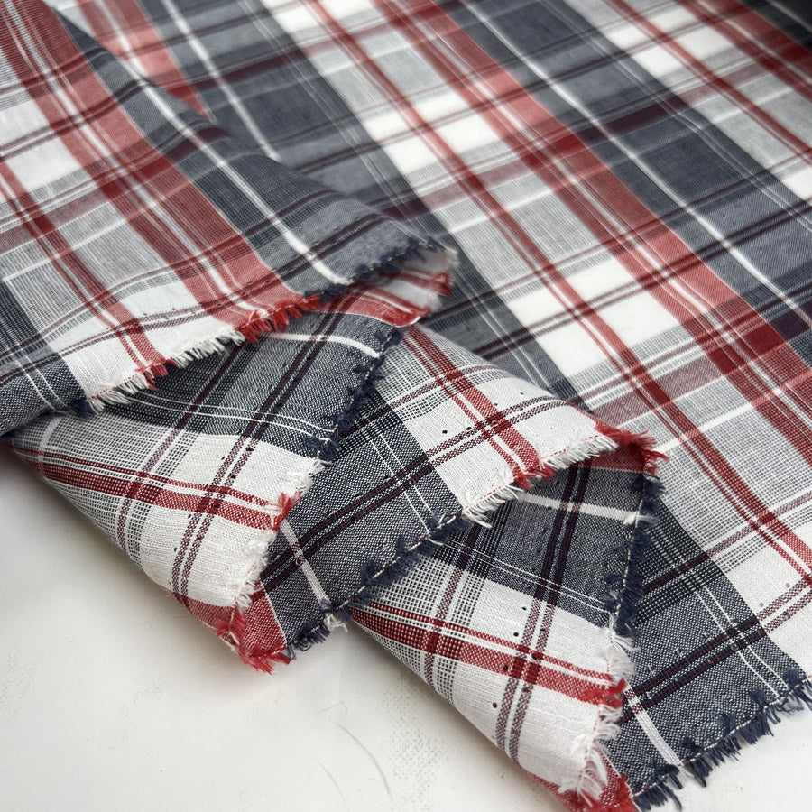 Hawes Check Navy Red White Cotton Linen Shirting Fabric Fold