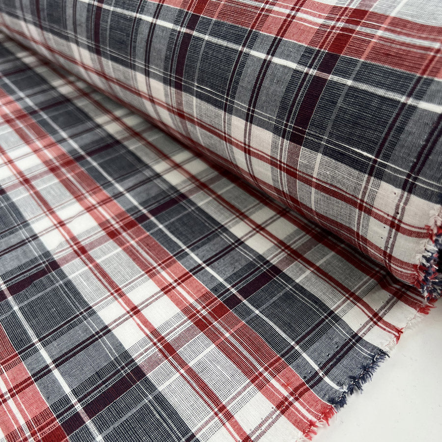Hawes Check Navy Red White Cotton Linen Shirting Fabric Roll