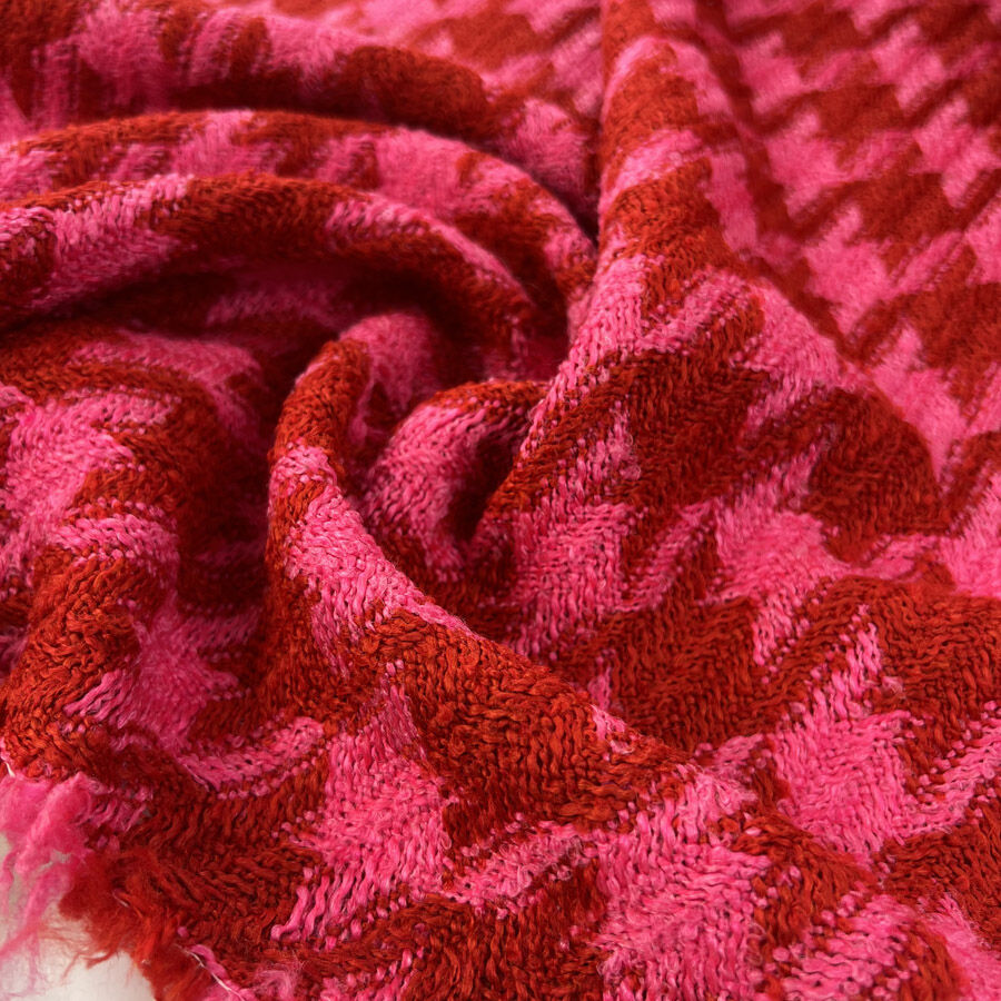 Hot Check Pink Red Houndstooth Acrylic Polyester Chunky Coating Fabric