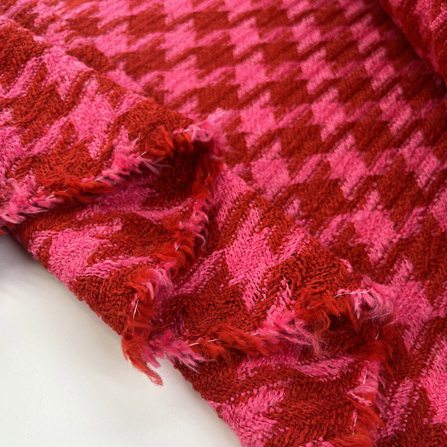 Hot Check Pink Red Houndstooth Acrylic Polyester Chunky Coating Fabric Fold