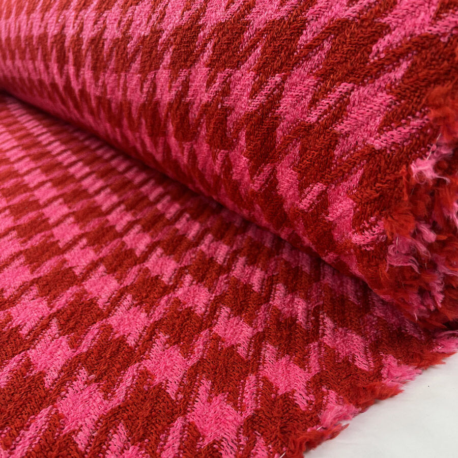 Hot Check Pink Red Houndstooth Acrylic Polyester Chunky Coating Fabric Roll