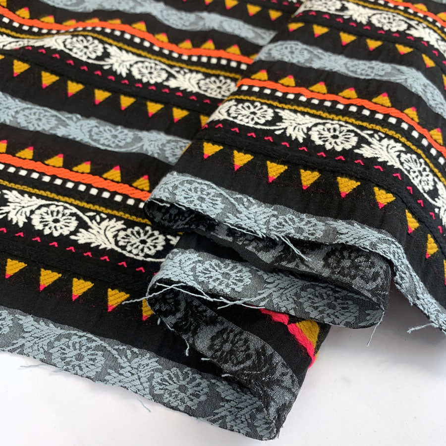 Inca Striped Ponco Multicoloured Cotton Poly Mix Suiting Jacketing Fabric Close Up Weight Drape Fabric Photo