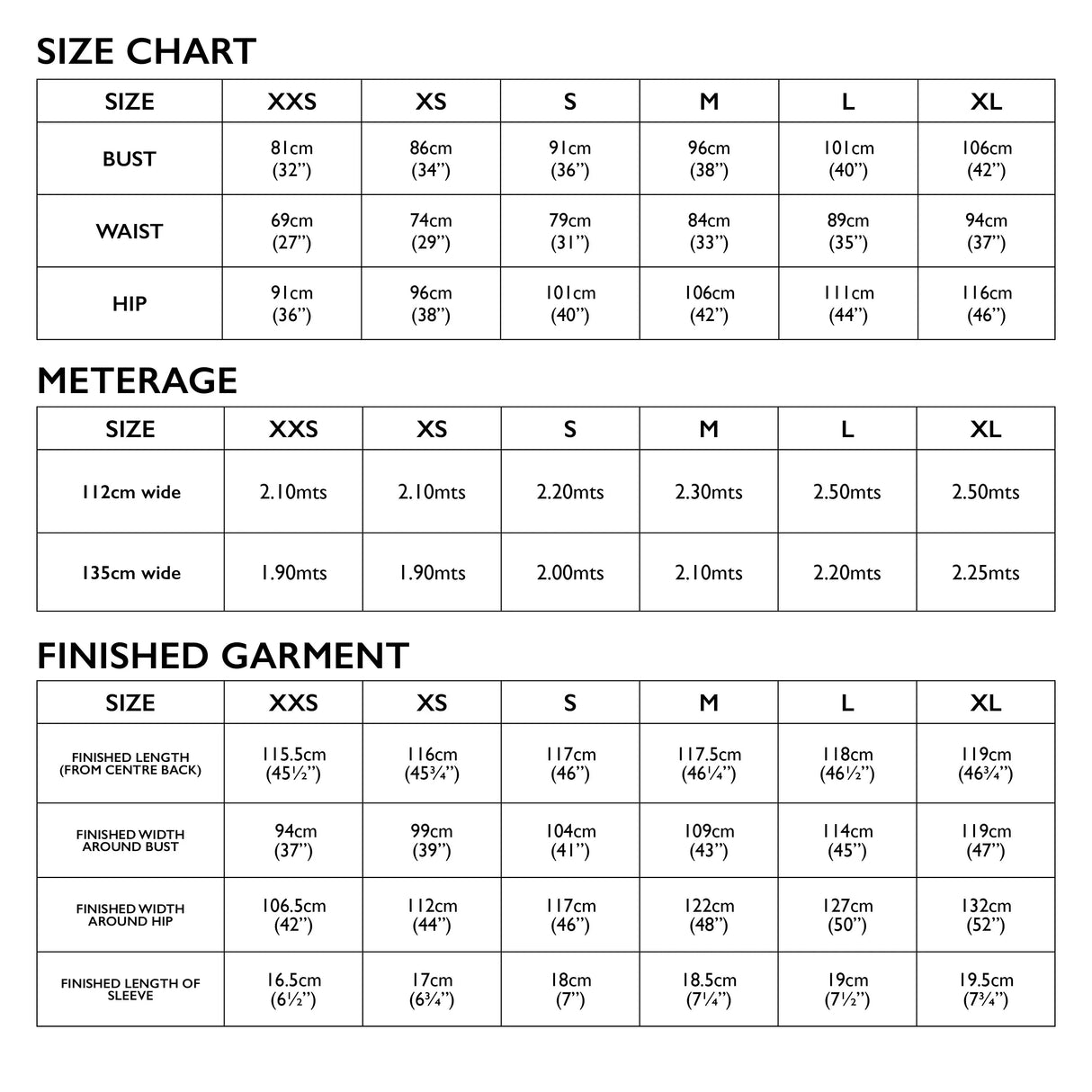 Jane Dress Size Chart