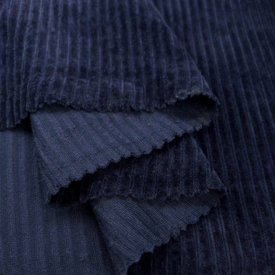 Jersey Corduroy Navy Blue Cotton Polyester Elastane Plush Knitted Dress Fabric Fold