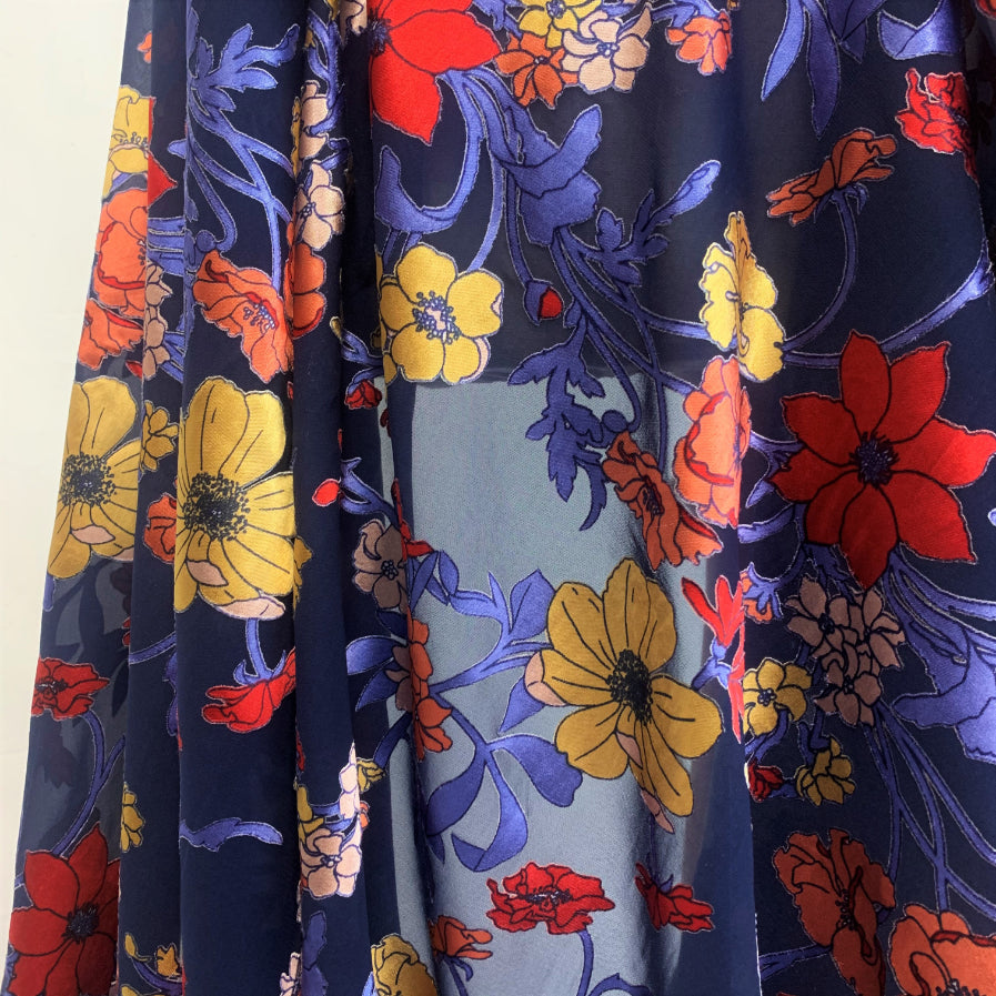 Jk Arian Blue Floral Burned Out Polyester John Kaldor Dress Fabric Close Up Drape Fabric Photo