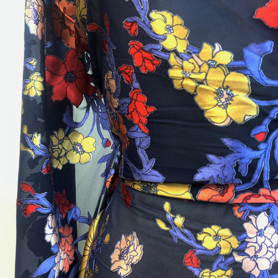 Jk Arian Blue Floral Burned Out Polyester John Kaldor Dress Fabric Close Up Drape Waist Photo