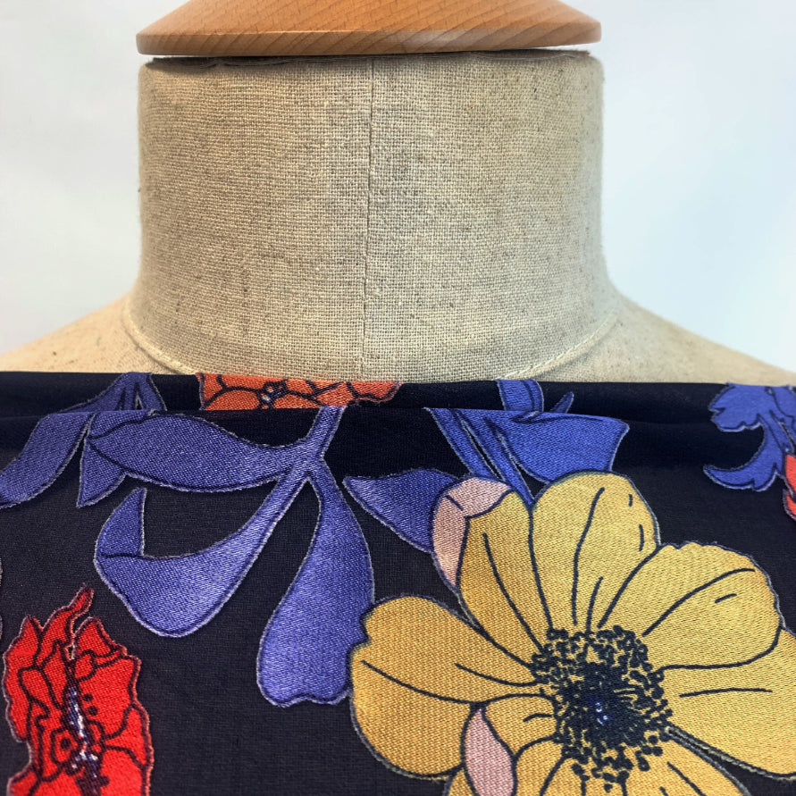 Jk Arian Blue Floral Burned Out Polyester John Kaldor Dress Fabric Close Up Nack Drape Fabric Photo