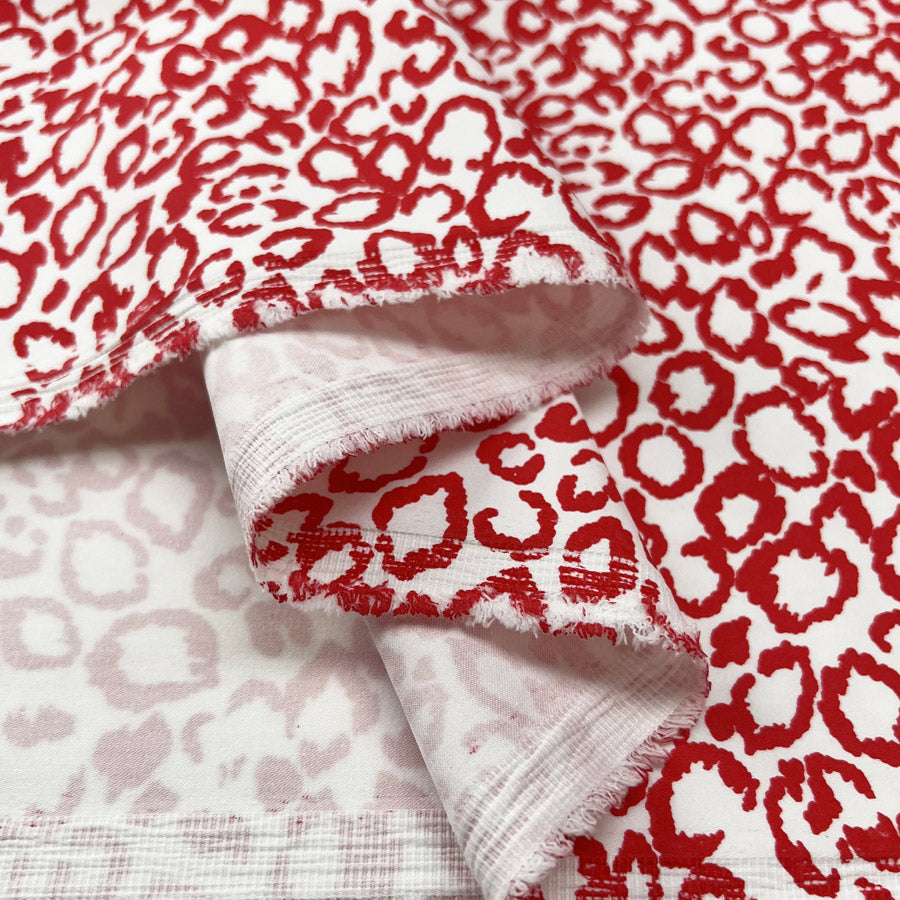 Kassy Red White Polyester Cotton Elastane Abstract Leopard Printed Dress Fabric Fold