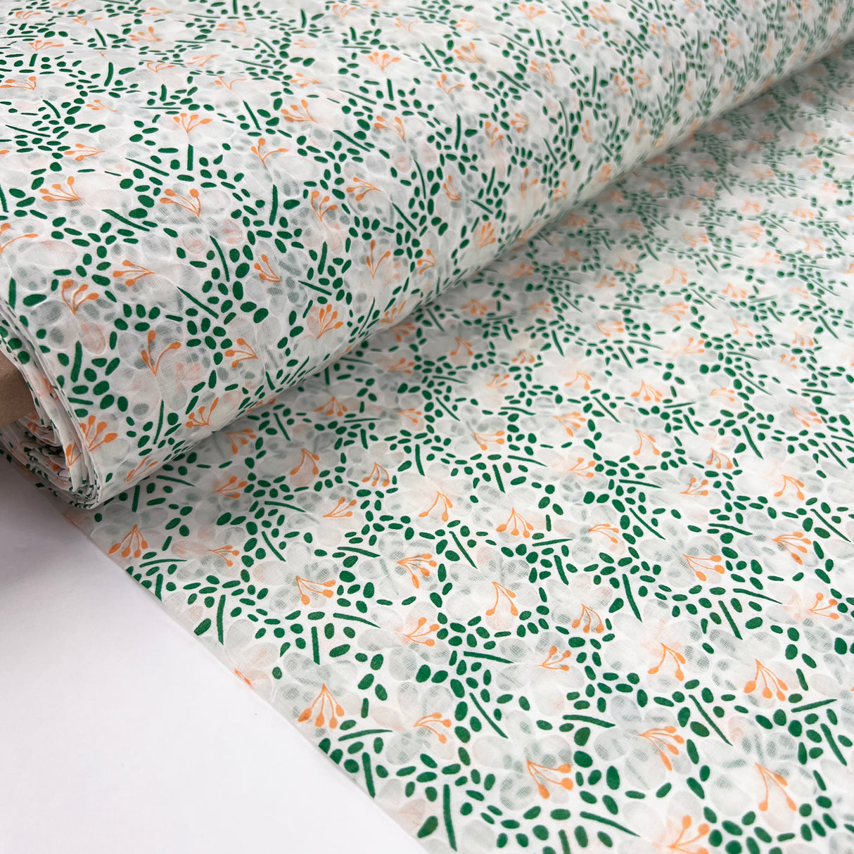 Katniss Burnout Cotton Poplin Green Orange White Floral Sheer Dress Fabric Bolt