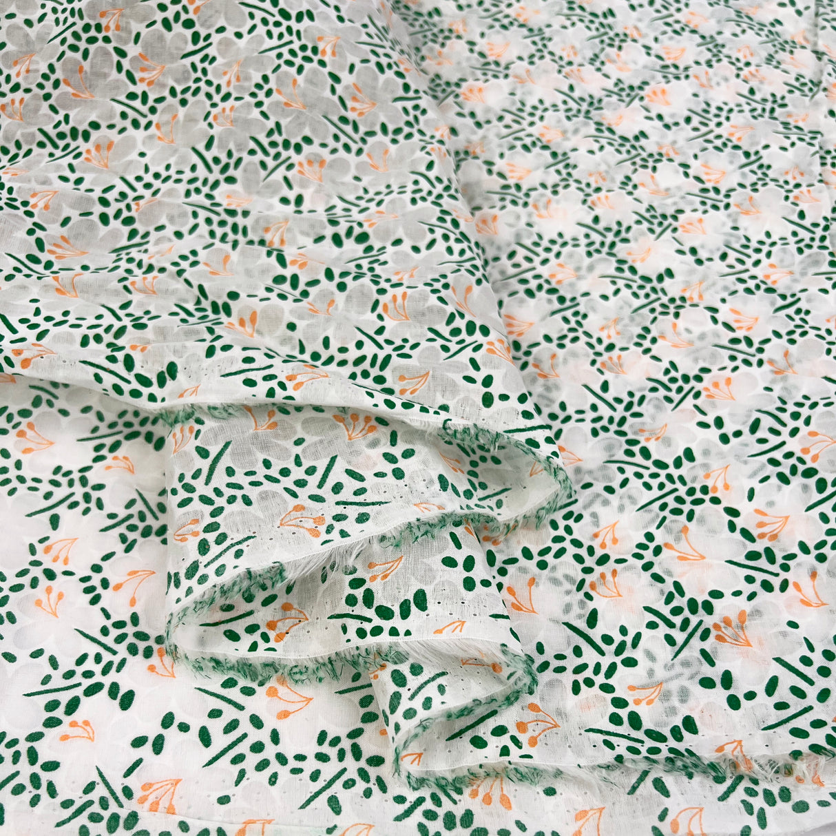 Katniss Burnout Cotton Poplin Green Orange White Floral Sheer Dress Fabric Fold