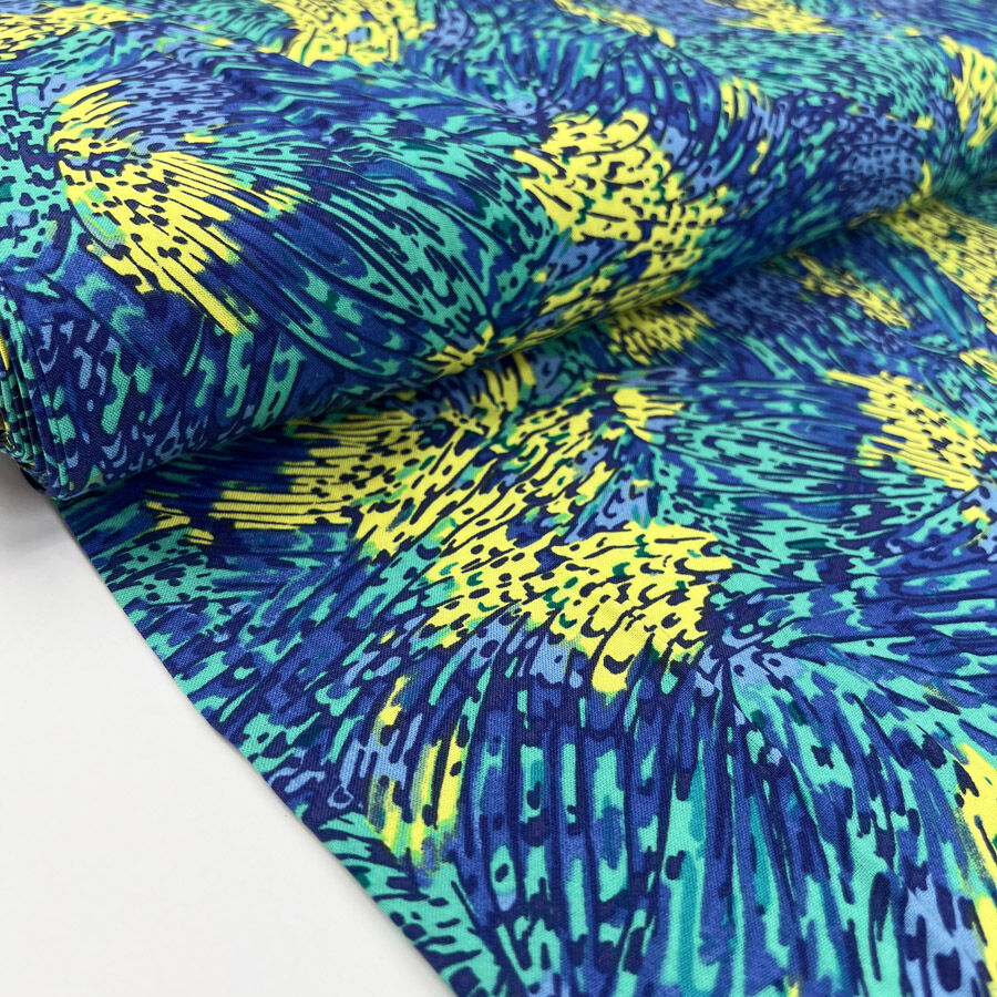 Lagoon Viscose Blue Yellow Abstract Dress Fabric Bolt