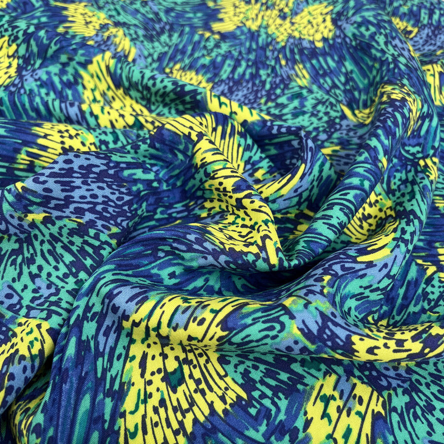 Lagoon Viscose Blue Yellow Abstract Dress Fabric