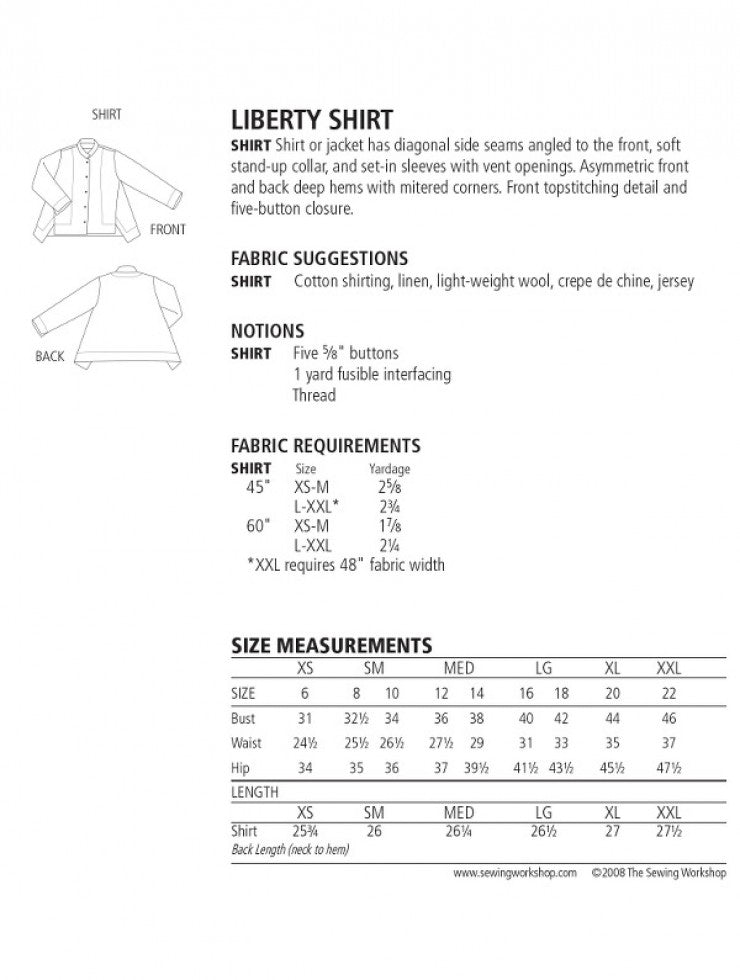 Liberty shirt pattern by the sewing workshop backcover