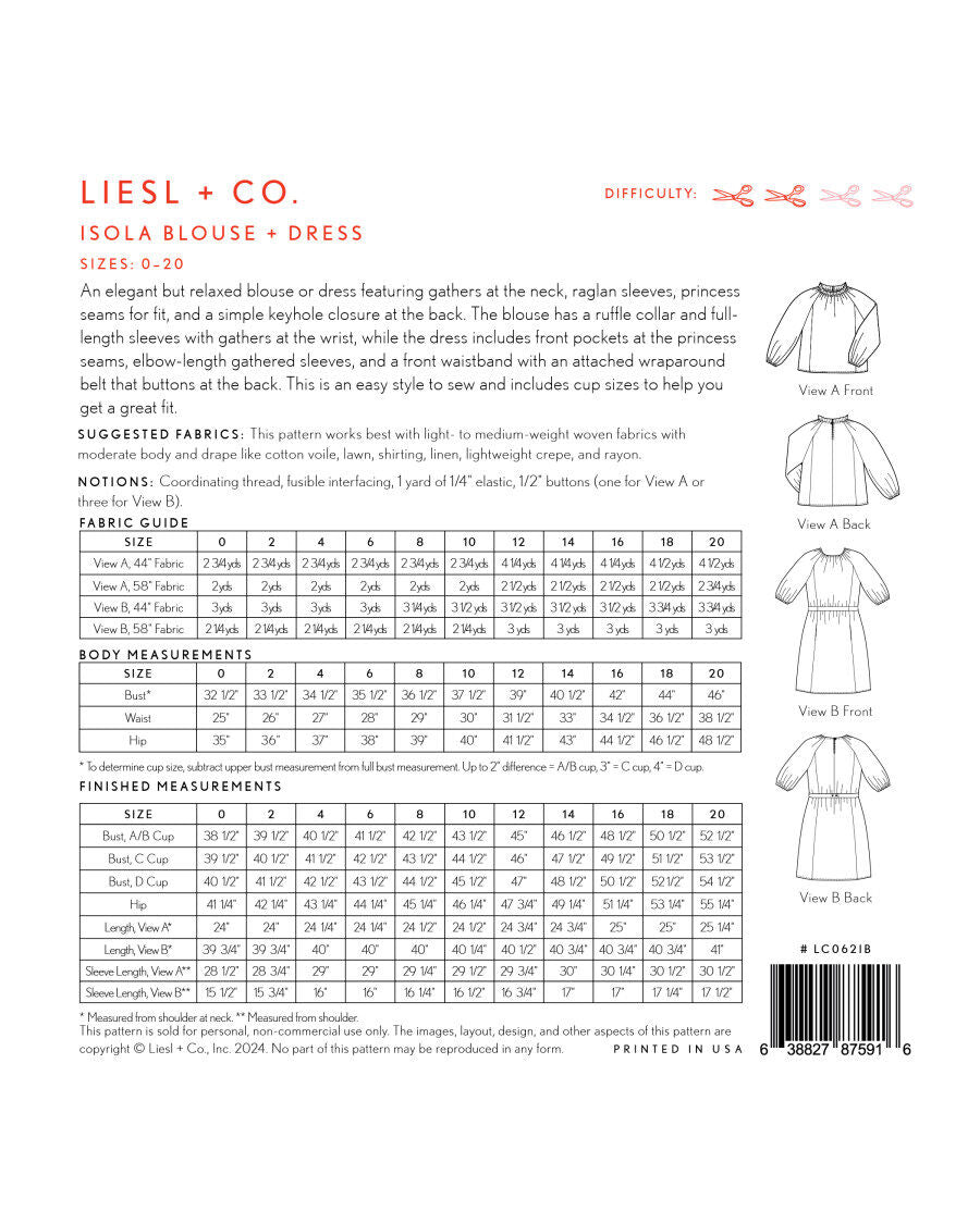Liesl And Co Isola Blouse Dress Pattern Back Cover