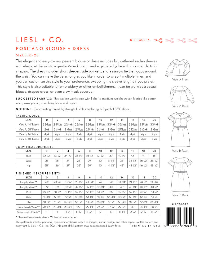 Liesl And Co Positano Blouse And Dress Pattern Back Cover