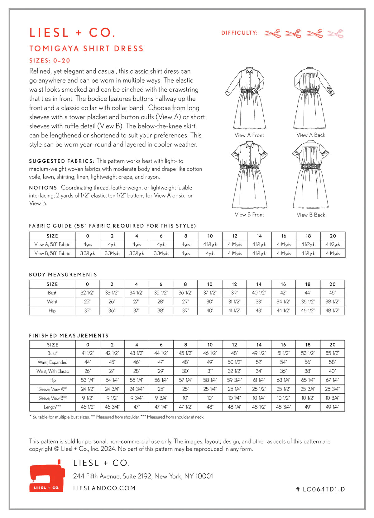 Liesl And Co Tomigaya Shirt Dress Pattern Back
